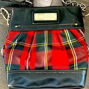 Christmas Holiday Red Tartan Plaid Black Leather Top Stitch, Silver Hardware Bag